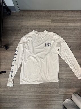 Salt Life White Long Sleeve Logo Tee with Navy Chest and Sleeve Print